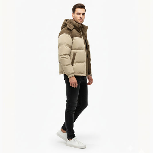 LindLeigh | Men’s Puffer Jacket with Removable Corduroy Hood – Warm Winter Coat