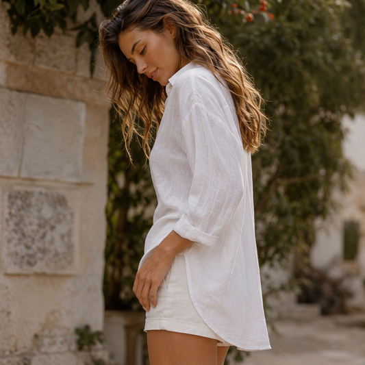 LindLeigh | Women's Linen Button Down Shirt – Oversized Long Sleeve White Blouse