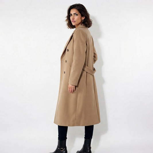 LindLeigh | Women’s Belted Long Coat – Notch Lapel Style
