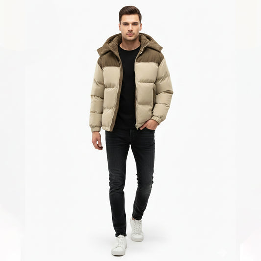 LindLeigh | Men’s Puffer Jacket with Removable Corduroy Hood – Warm Winter Coat