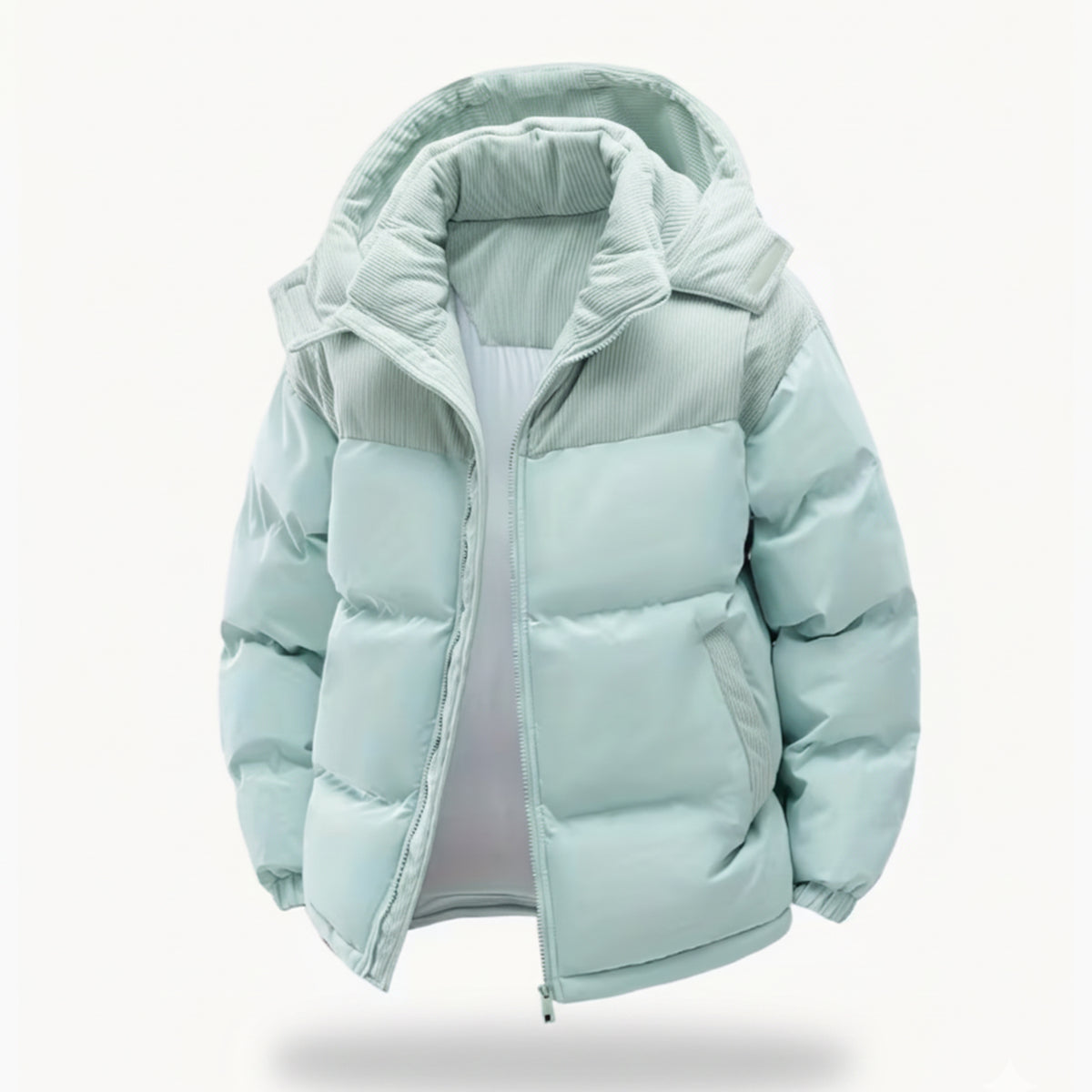 LindLeigh | Men’s Puffer Jacket with Removable Corduroy Hood – Warm Winter Coat