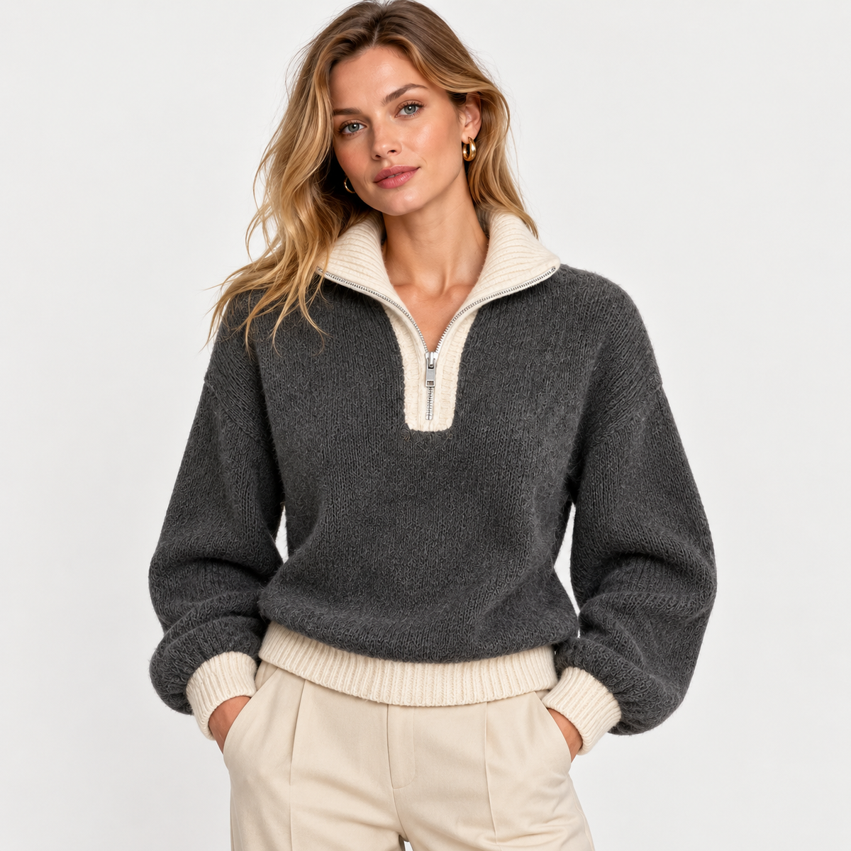 LindLeigh | Women's Half Zip Sweater High Neck Color Block Knit Pullover