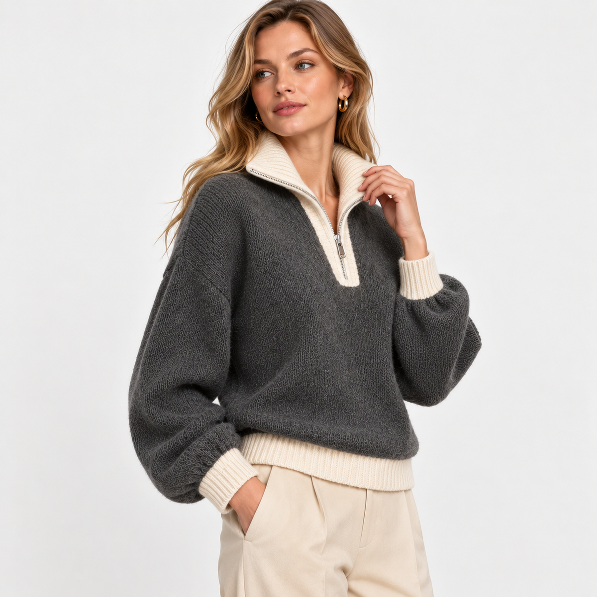 LindLeigh | Women's Half Zip Sweater High Neck Color Block Knit Pullover