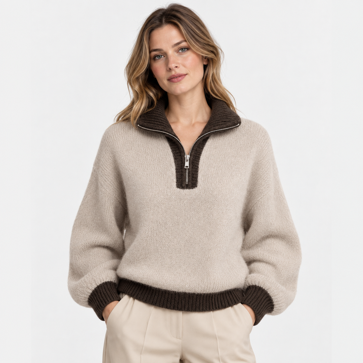 LindLeigh | Women's Half Zip Sweater High Neck Color Block Knit Pullover