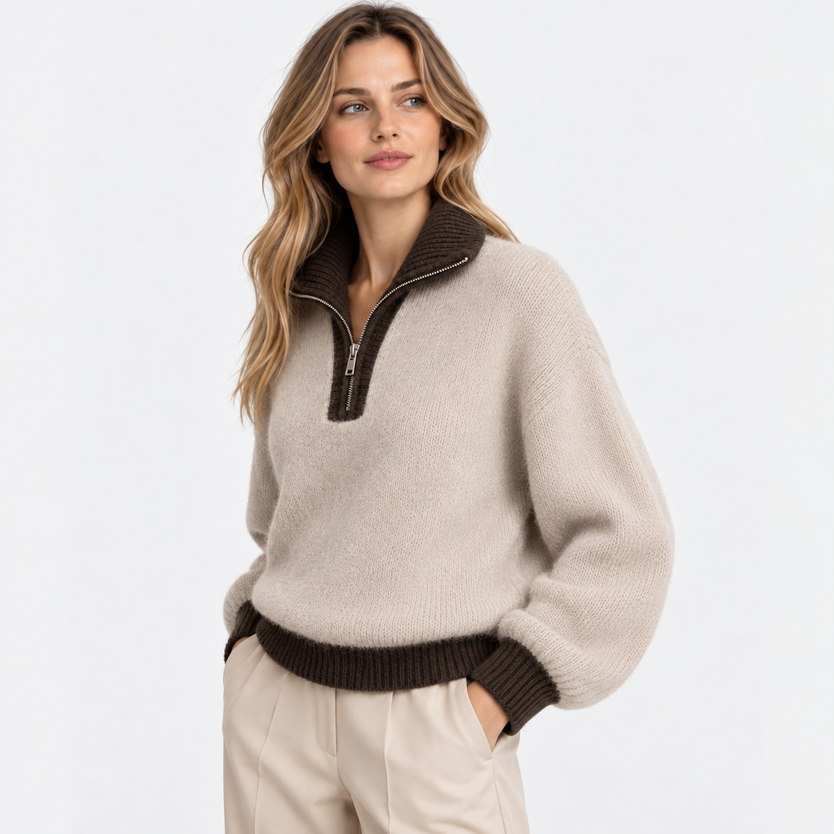 LindLeigh | Women's Half Zip Sweater High Neck Color Block Knit Pullover