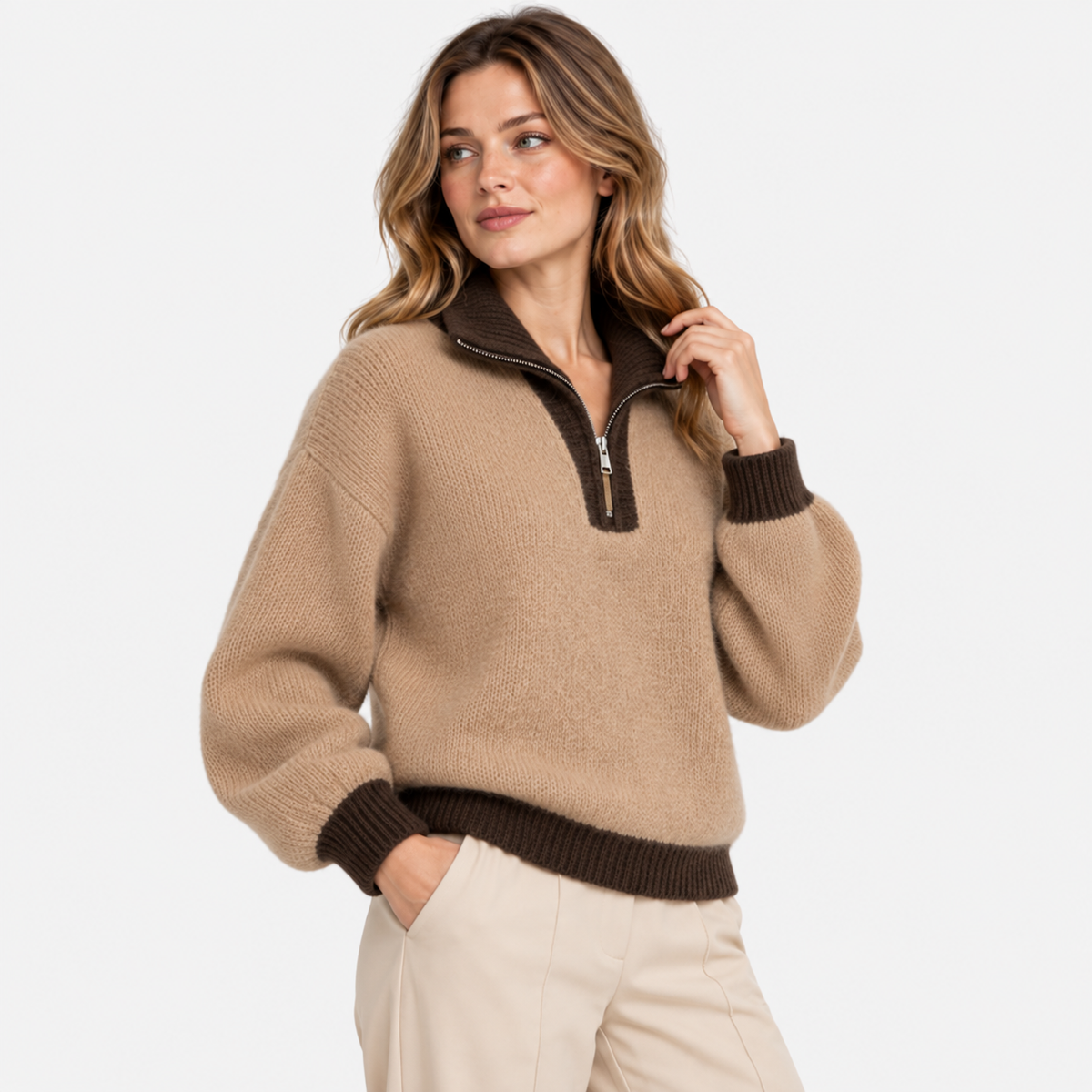LindLeigh | Women's Half Zip Sweater High Neck Color Block Knit Pullover