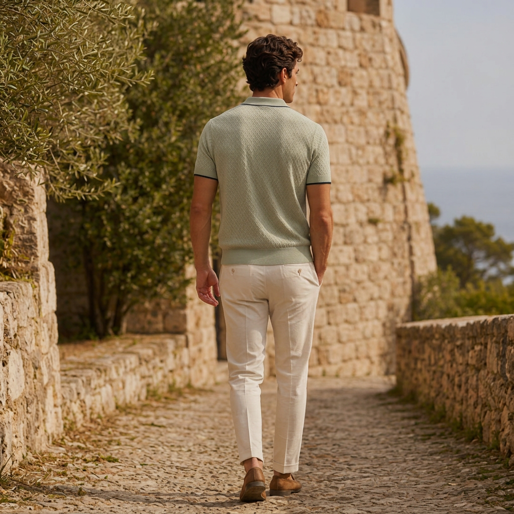 LindLeigh | Men's Textured Jacquard Polo Shirt Short Sleeve Knit Top