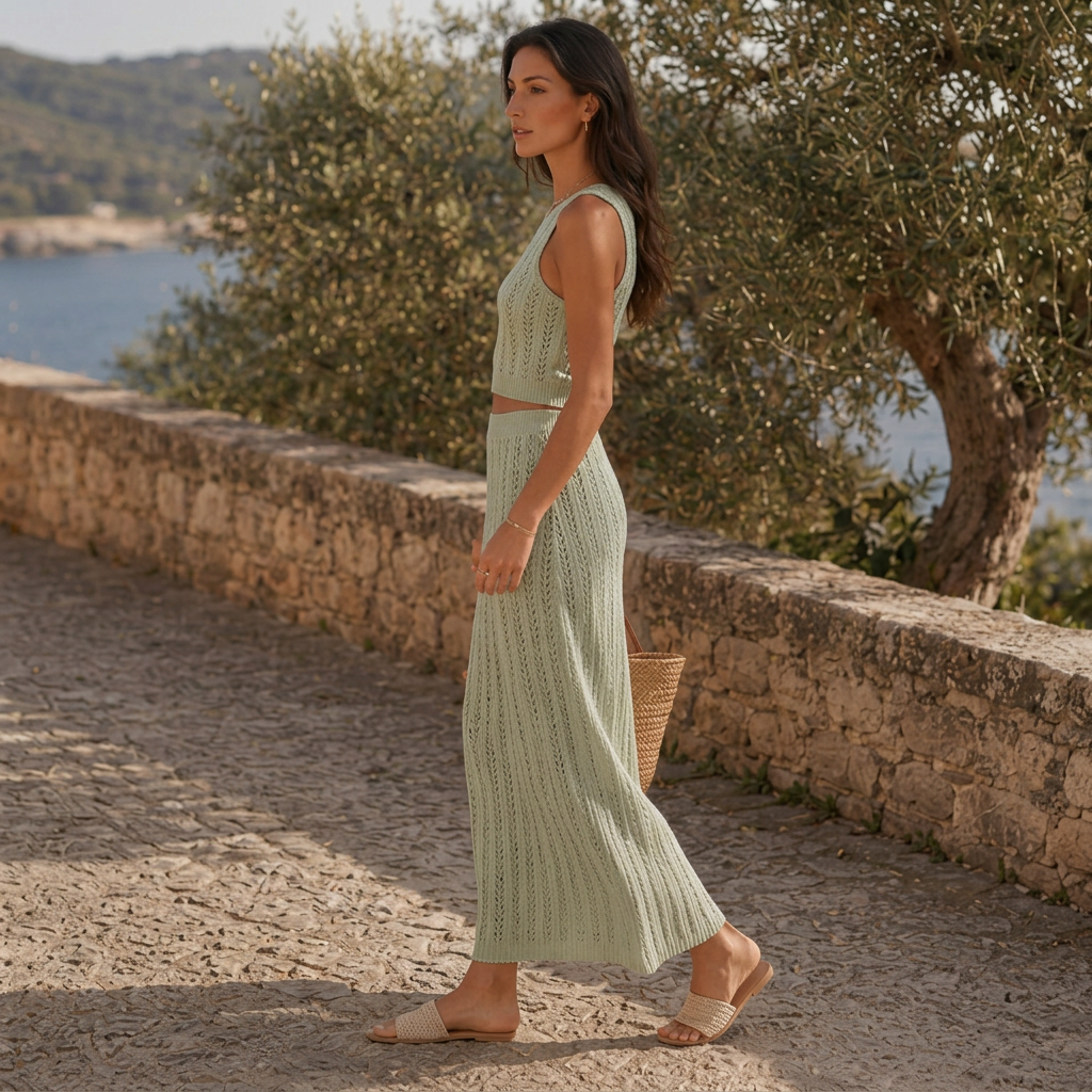 LindLeigh | Women's Knit Two Piece Co-Ord Set – High Waist Midi Skirt Outfit