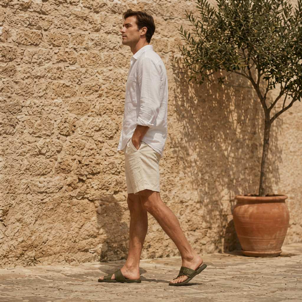 LindLeigh | Men's Leather Slide Sandals – Adjustable Buckle Toe Loop Sandals