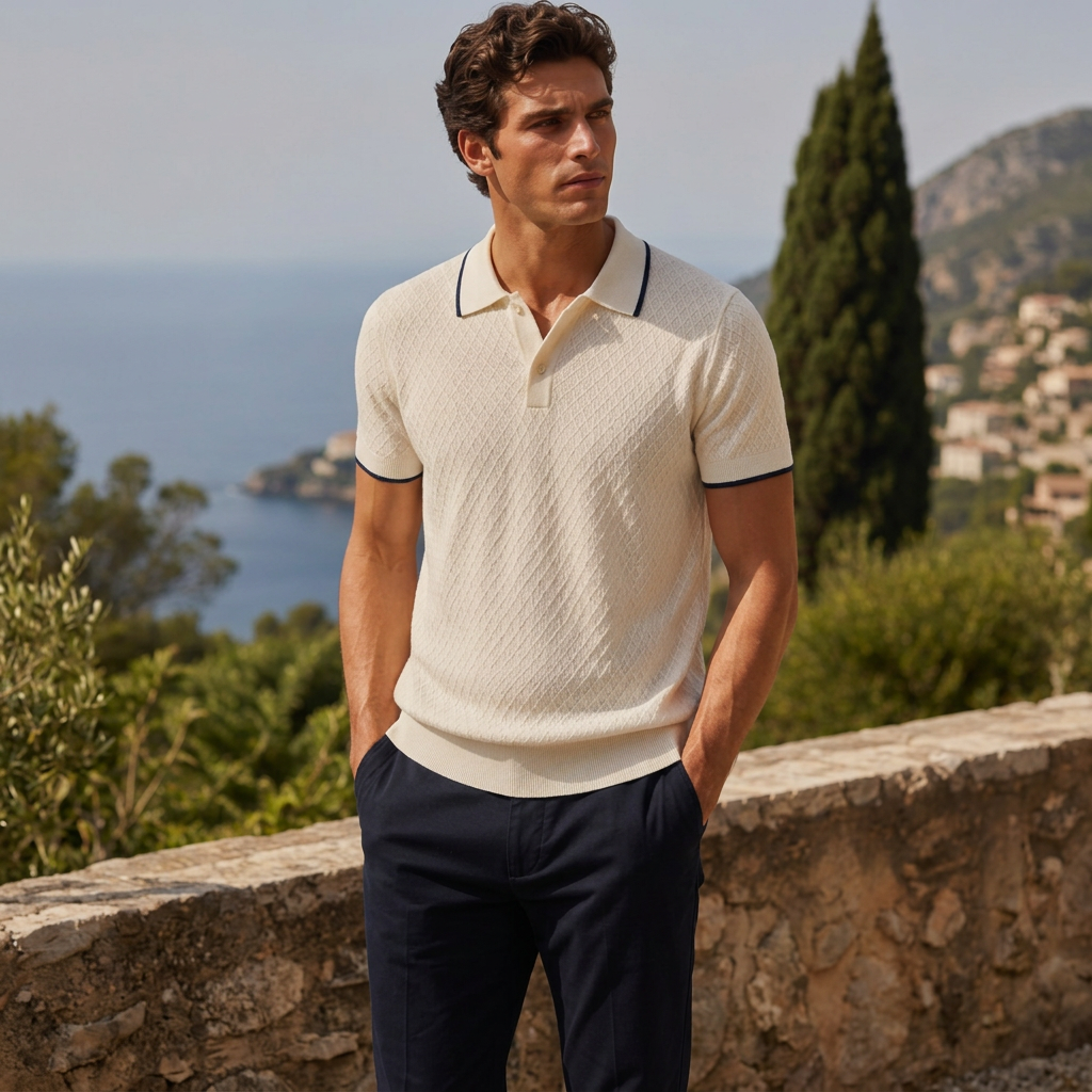 LindLeigh | Men's Textured Jacquard Polo Shirt Short Sleeve Knit Top