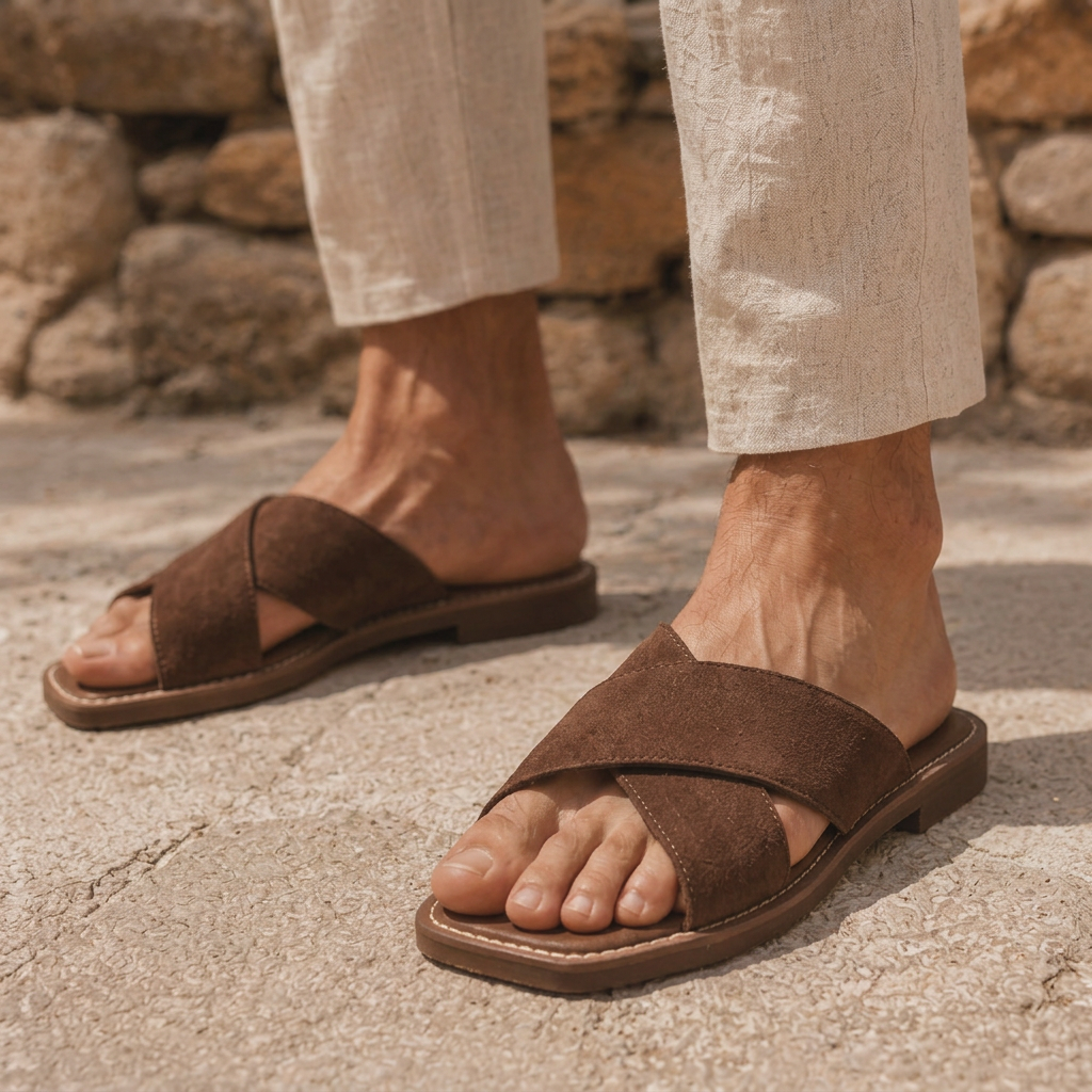 LindLeigh | Men's Suede Cross Strap Slide Sandals