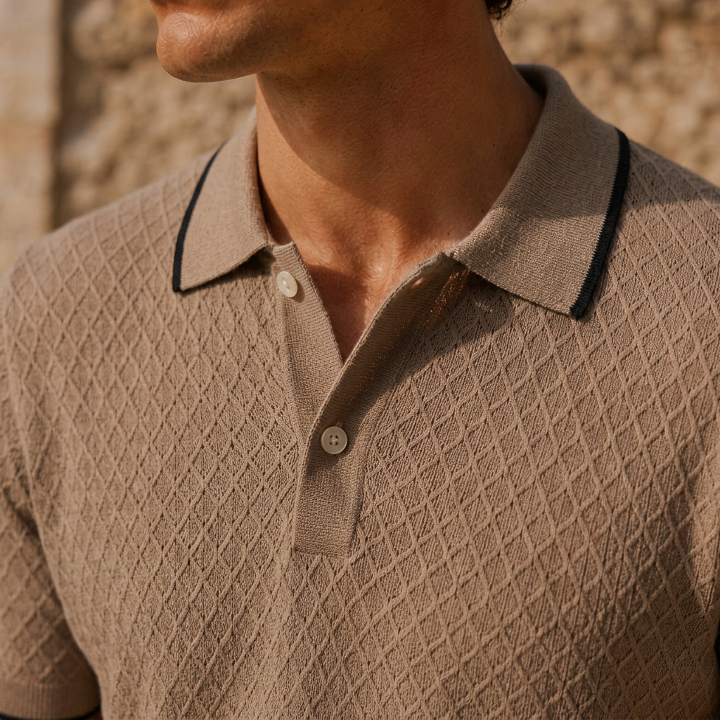 LindLeigh | Men's Textured Jacquard Polo Shirt Short Sleeve Knit Top