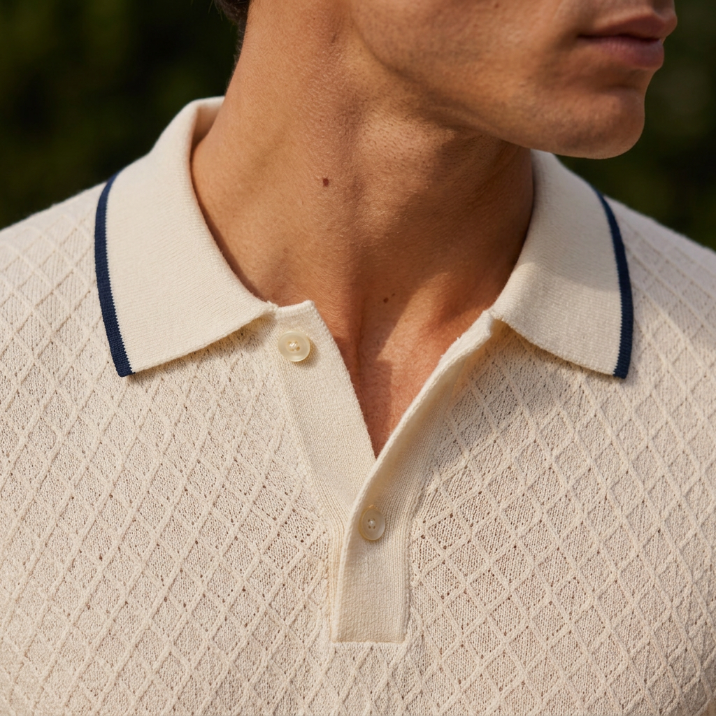 LindLeigh | Men's Textured Jacquard Polo Shirt Short Sleeve Knit Top