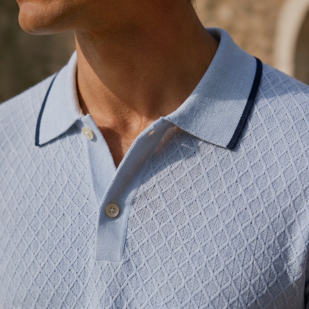 LindLeigh | Men's Textured Jacquard Polo Shirt Short Sleeve Knit Top