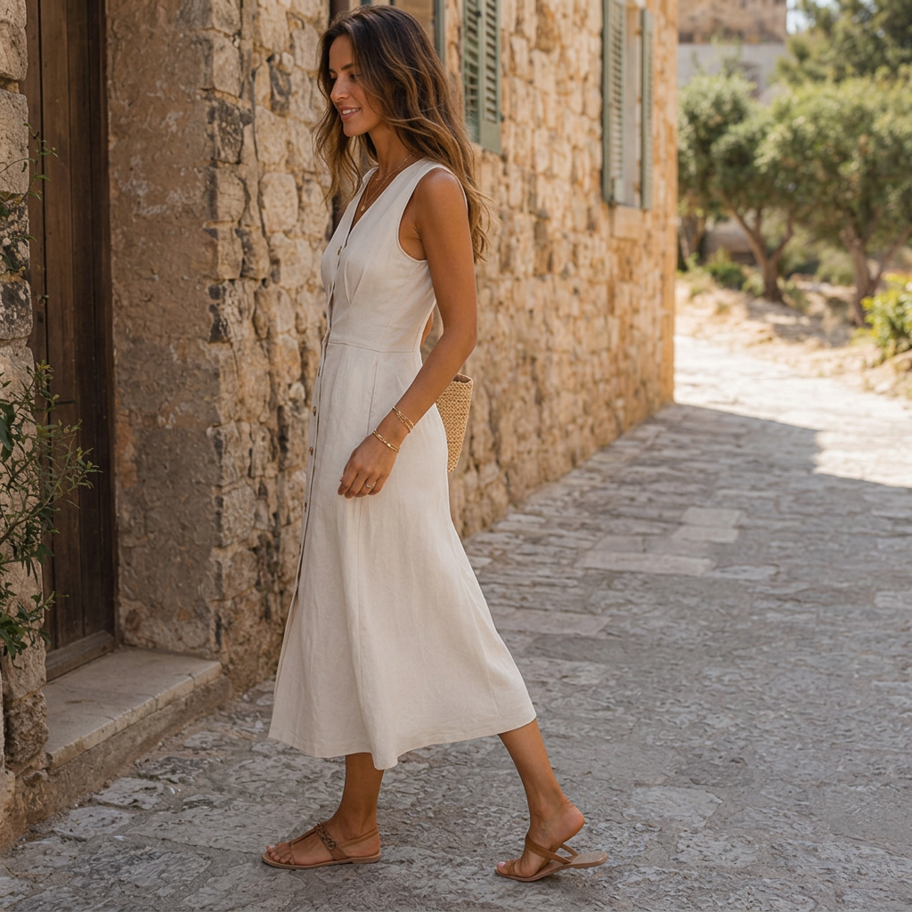 LindLeigh | Women's Sleeveless Button Front Midi Dress – Linen Blend V Neck