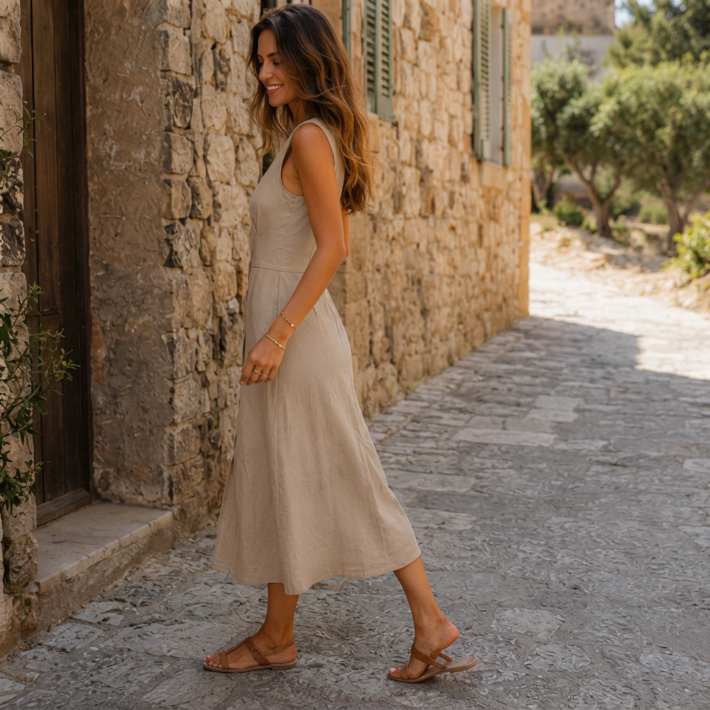 LindLeigh | Women's Sleeveless Button Front Midi Dress – Linen Blend V Neck