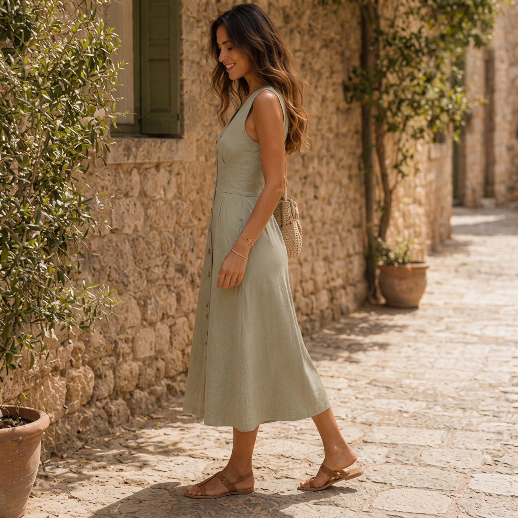 LindLeigh | Women's Sleeveless Button Front Midi Dress – Linen Blend V Neck