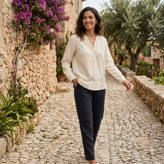 LindLeigh | Women's Linen Blend Button Front Blouse Relaxed Fit Long Sleeve