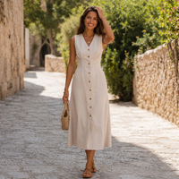 LindLeigh | Women's Sleeveless Button Front Midi Dress – Linen Blend V Neck