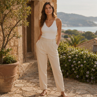 LindLeigh | Women's High Waisted Tailored Pants – Pleated Straight Leg Ivory