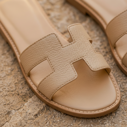 LindLeigh | Women's Flat Leather Sandals – Open Toe Minimalist Slide Sandals