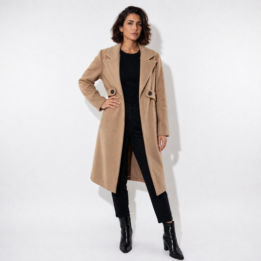 LindLeigh | Women’s Belted Long Coat – Notch Lapel Style