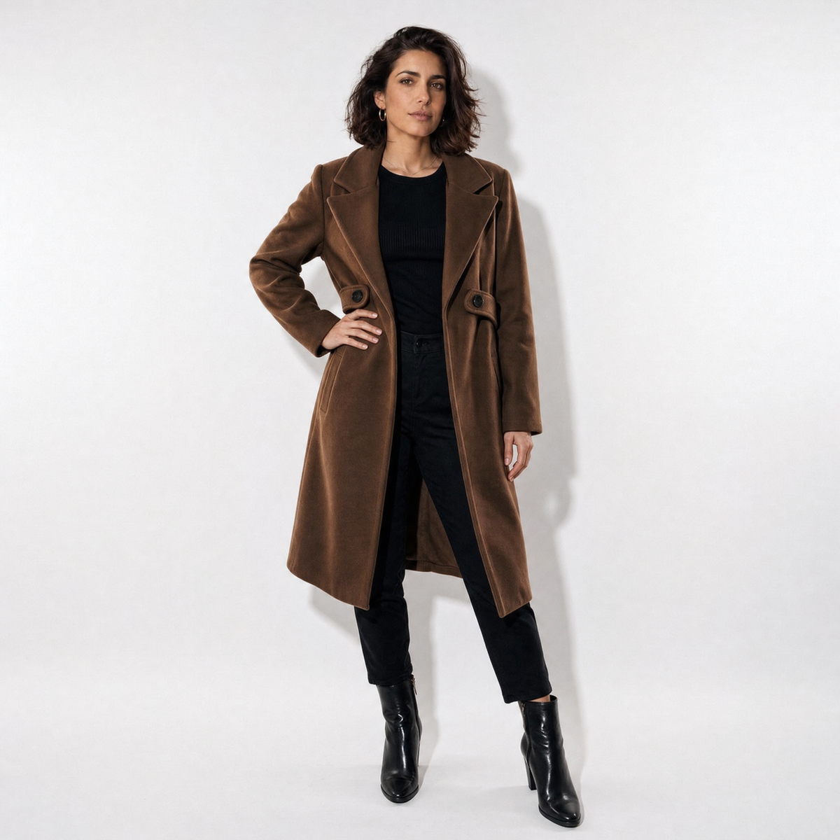 LindLeigh | Women’s Belted Long Coat – Notch Lapel Style