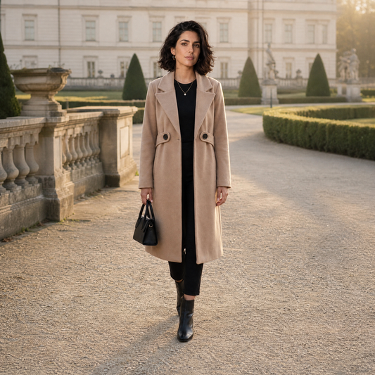 LindLeigh | Women’s Belted Long Coat – Notch Lapel Style