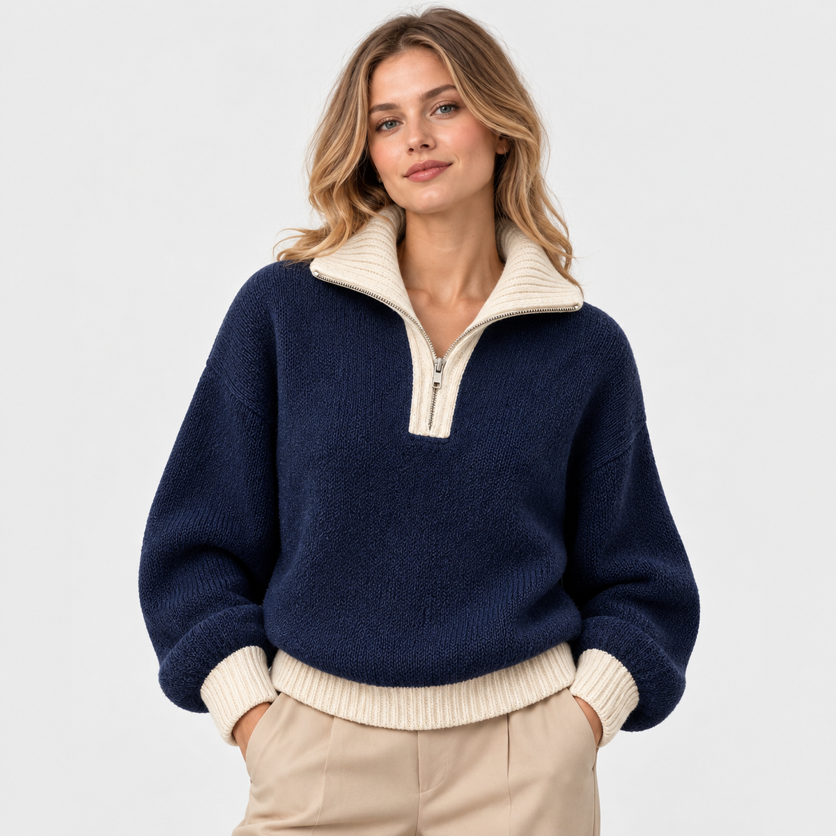 LindLeigh | Women's Half Zip Sweater High Neck Color Block Knit Pullover