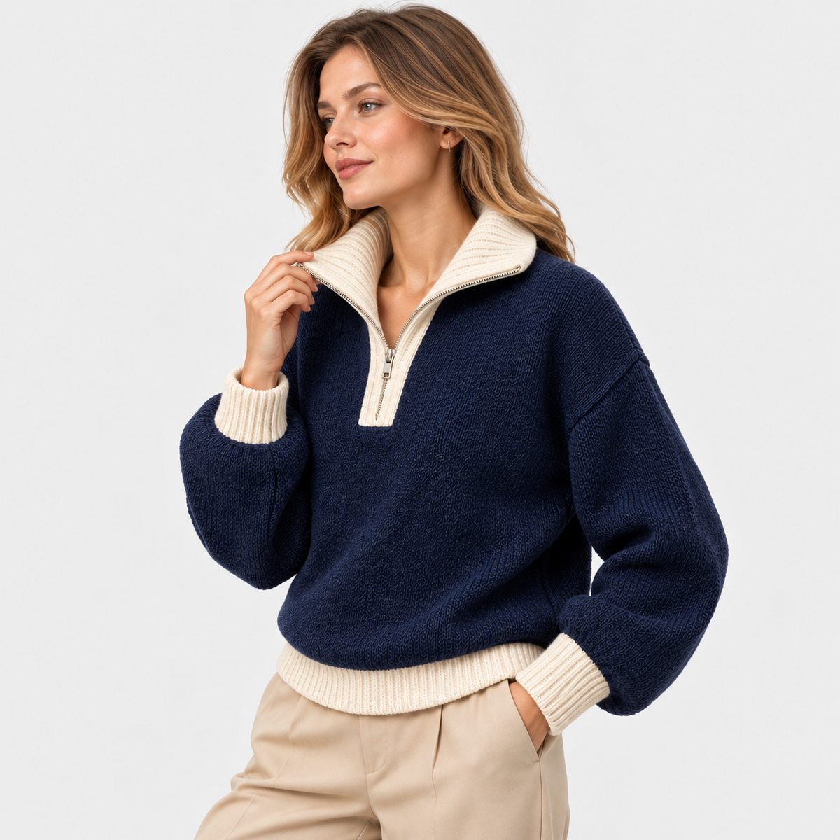 LindLeigh | Women's Half Zip Sweater High Neck Color Block Knit Pullover