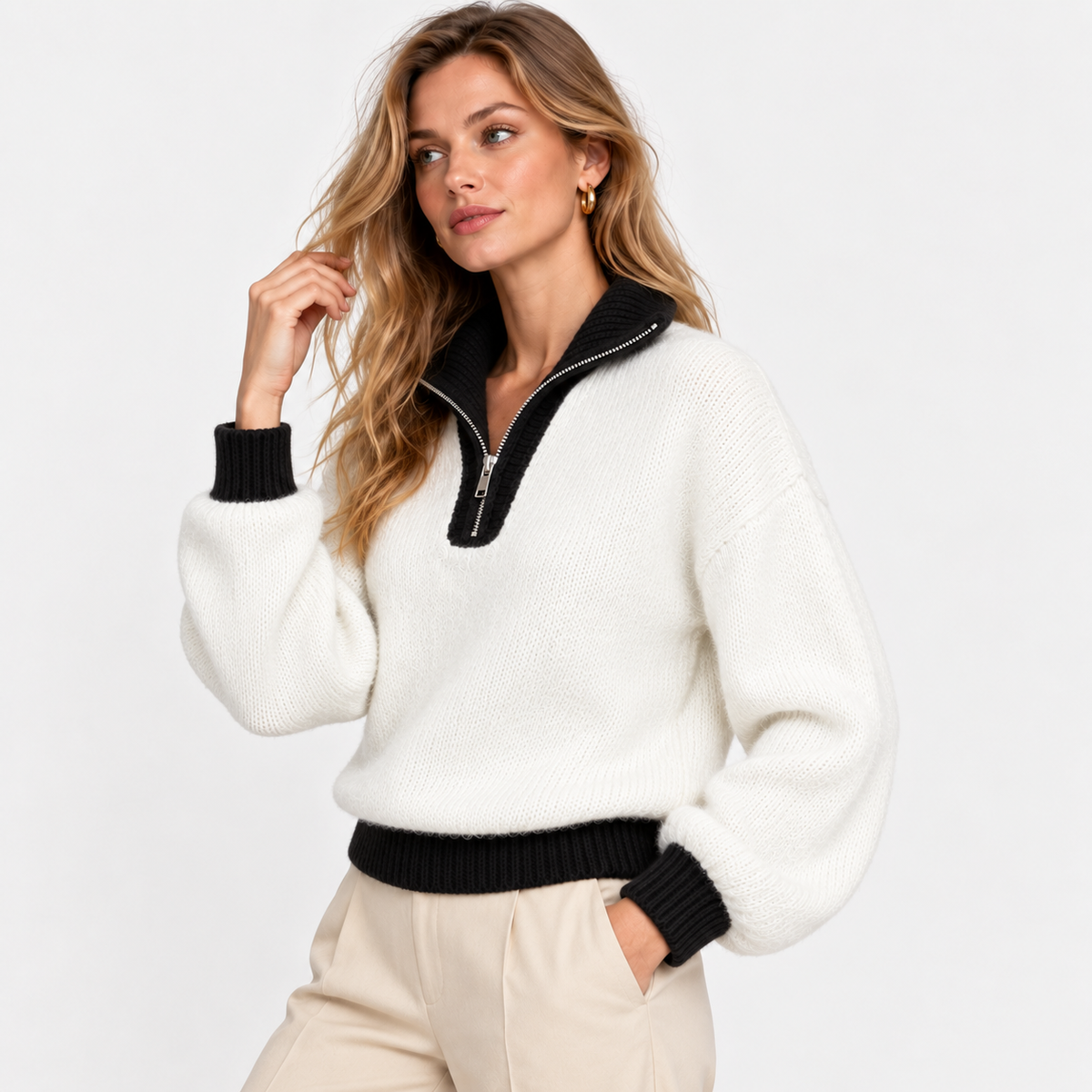 LindLeigh | Women's Half Zip Sweater High Neck Color Block Knit Pullover